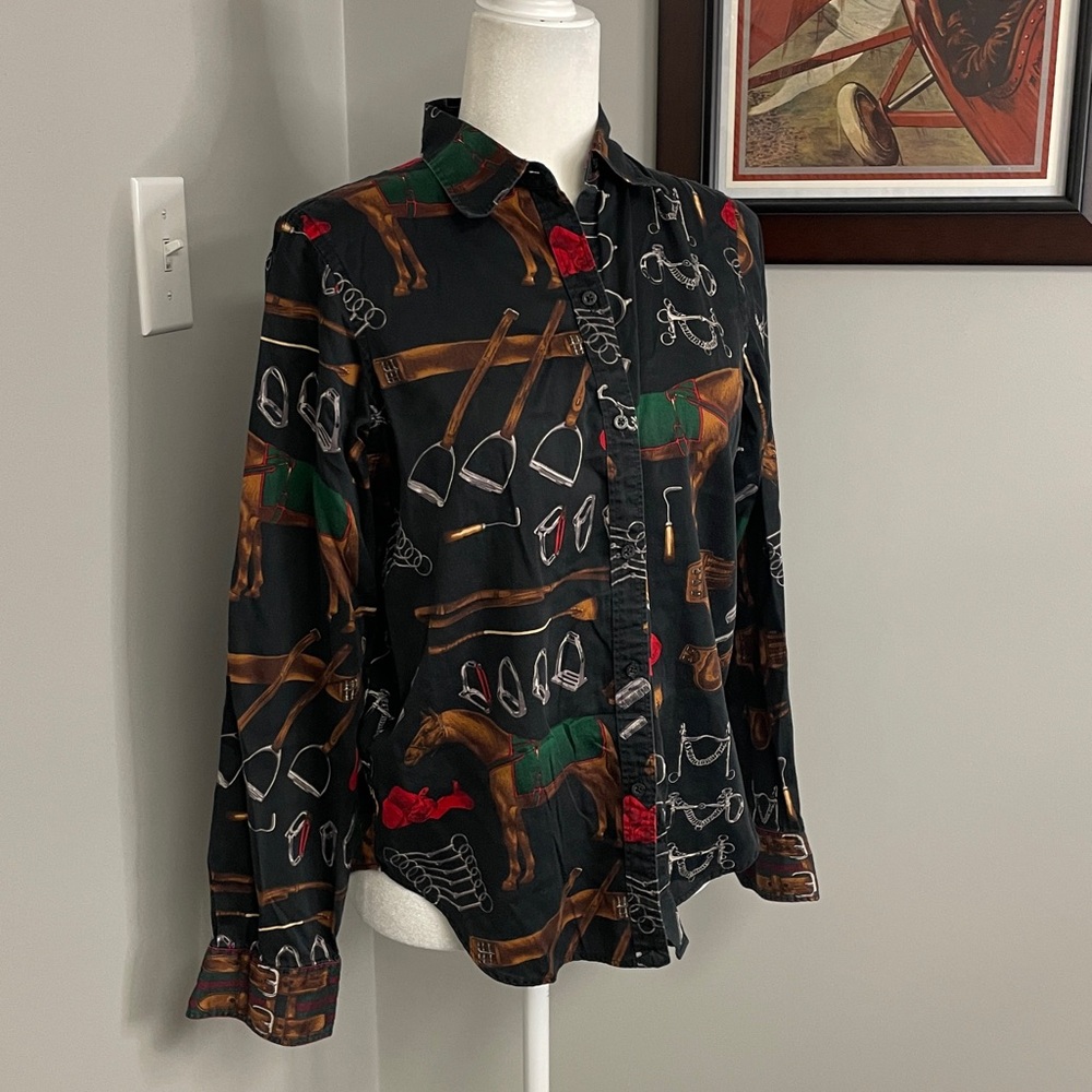 Ralph Lauren Equestrian Printed Button Down Shirt Medium Vintage Y2K Old Money - Picture 2 of 4